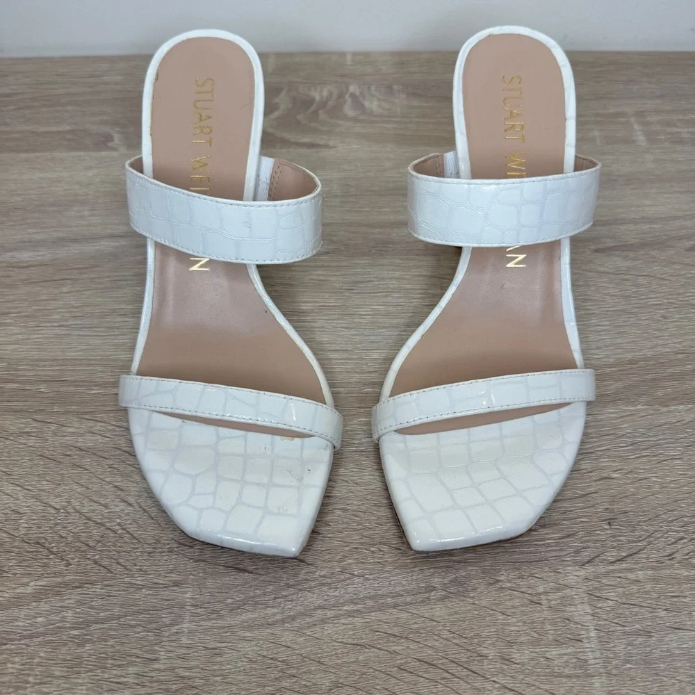 Stuart Weitzman White Croc-Embossed Block Heels Sandals Size 8